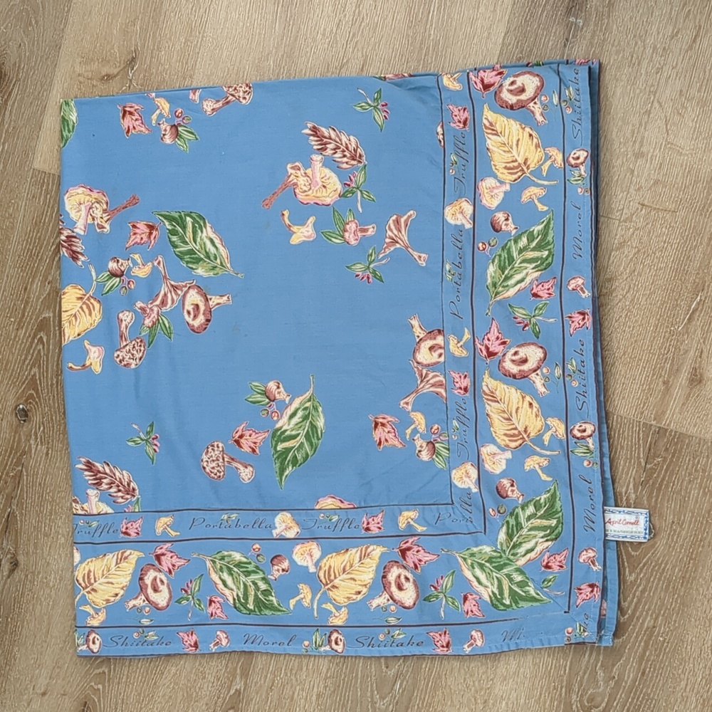 April Cornell Autumn Mushroom Forager 54x54 Blue Tablecloth - Picture 2 of 5